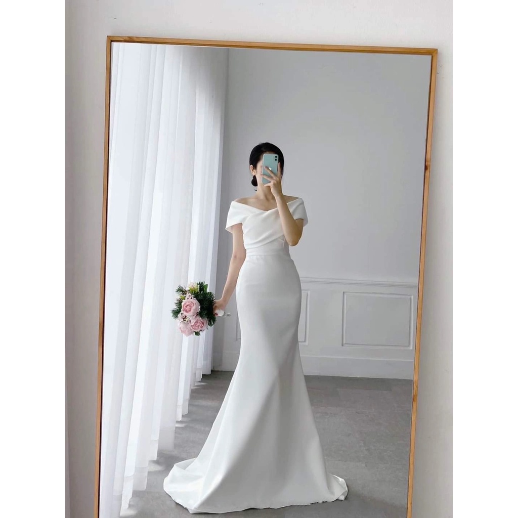 Đầm dạ hội cô dâu hở vai ngang dự tiệc (HÀNG CAO CẤP) kèm ảnh thật.