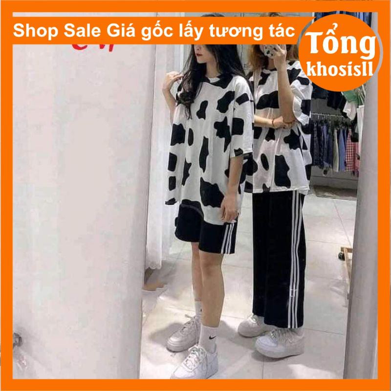 đồ bò sữa gồm áo thun loang bò sữa chất cotton tay lỡ + túi tote + túi đeo chéo