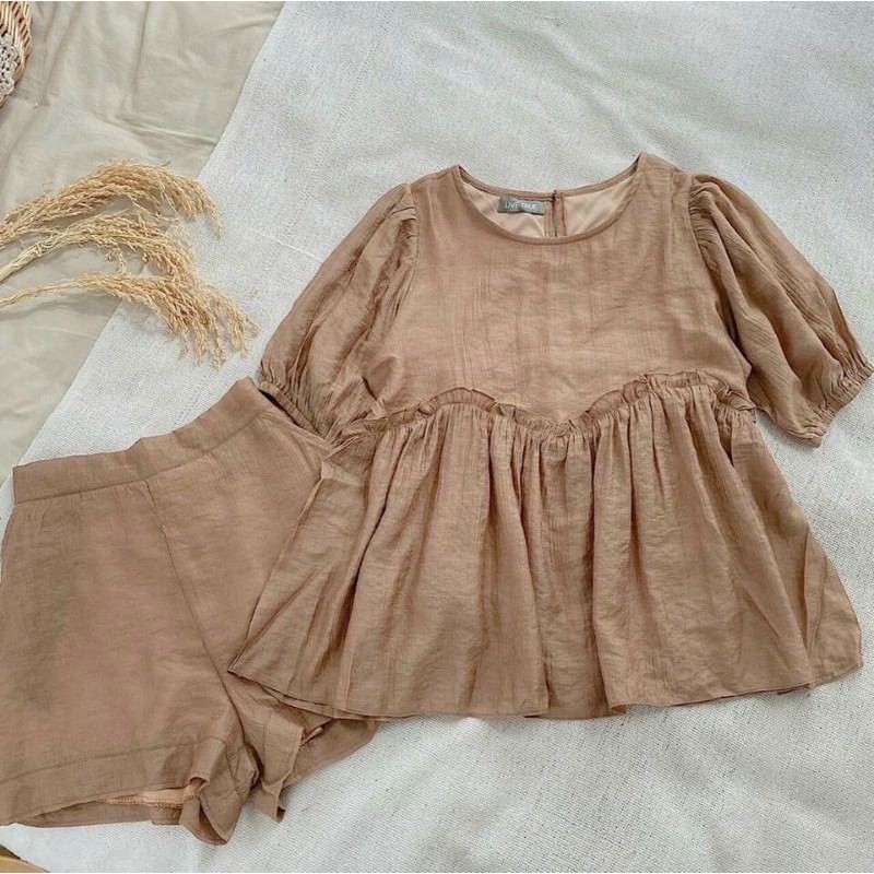 set babydoll nâu phối bèo + short