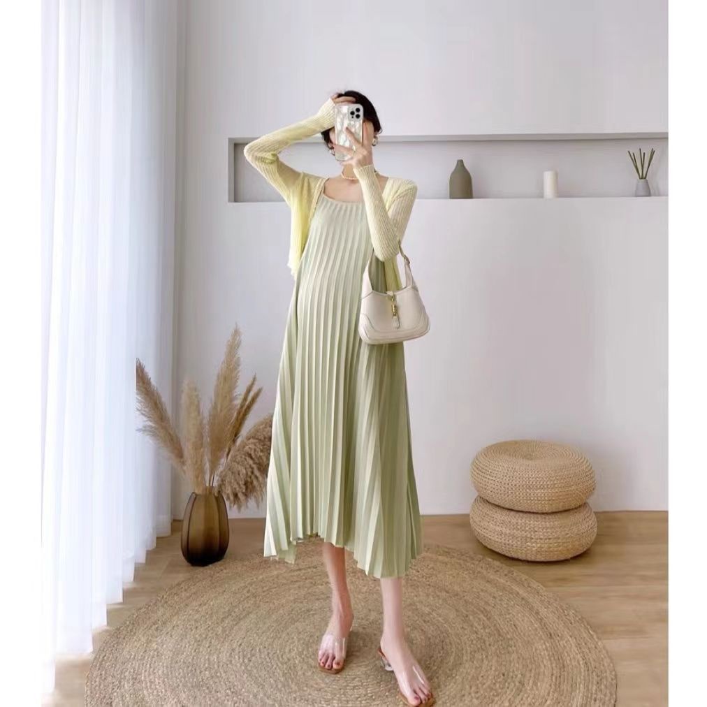 Váy Bầu Xếp Li + Áo Khoác Cardigan Chiffon Chống Nắng Mùa Hè Phong Cách Mới cardigan váy bầu đầm bầu dự tiệc đầm bầu