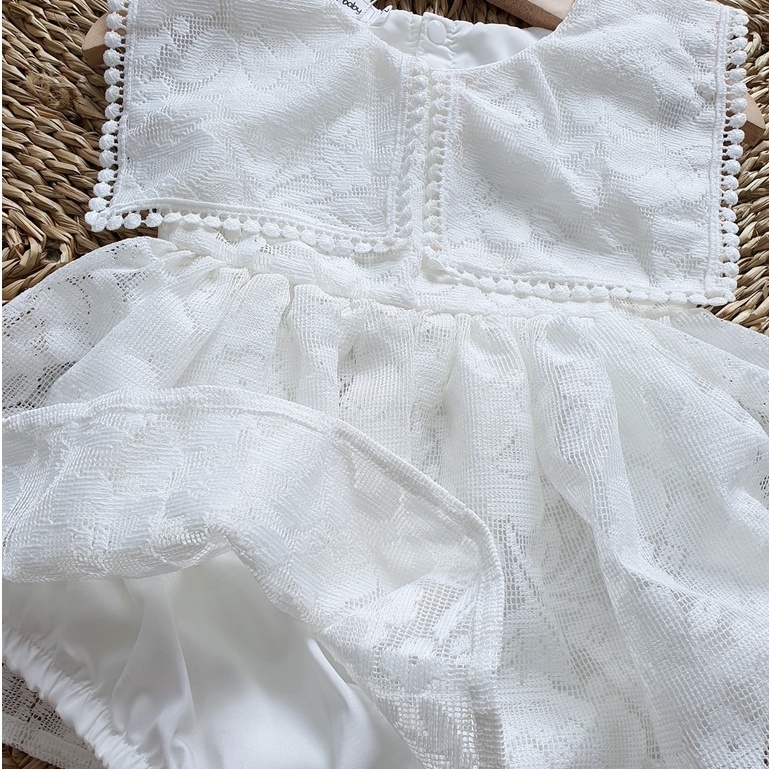 Body váy công chúa cho bé gái sơ sinh RIOKIDS, quần áo đầy tháng, thôi nôi ren hoa trắng BD73