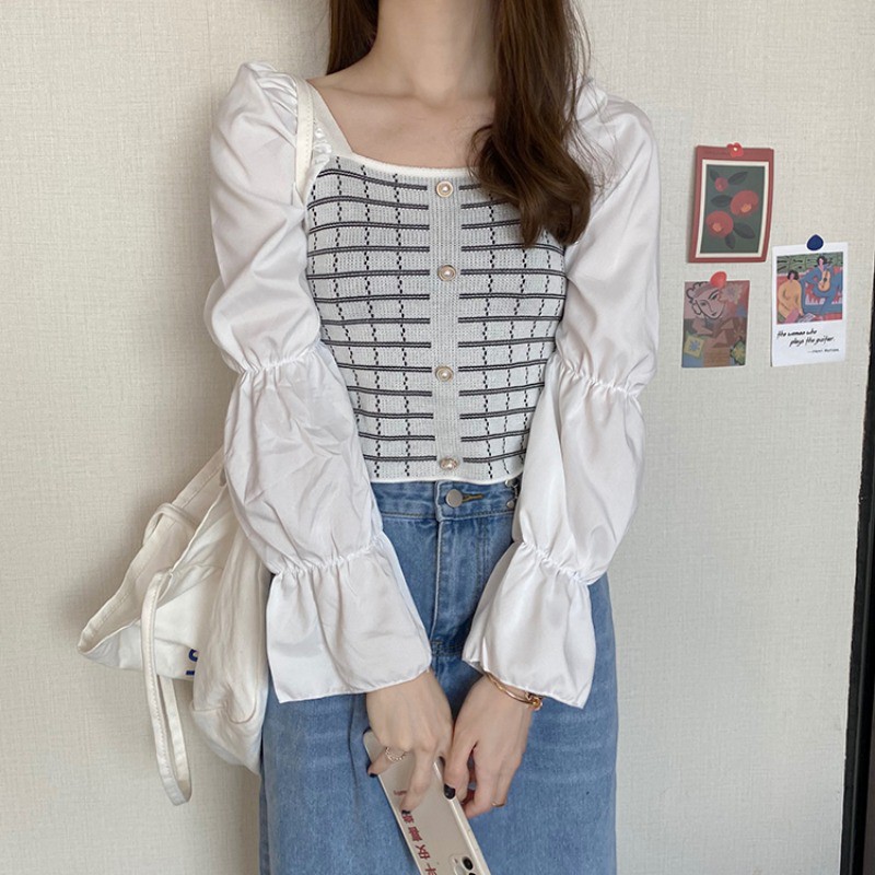 Áo croptop kiểu tay phồng dài sọc kẻ cúc ngọc cổ vuông