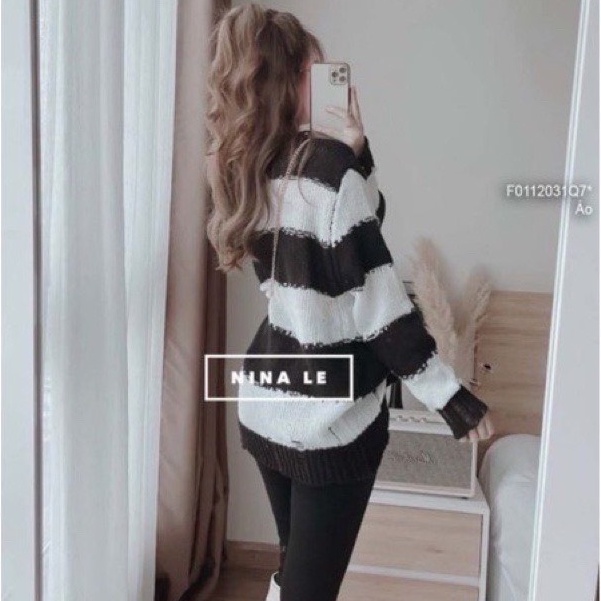 Áo len kẻ dáng thụng rách cá tính len mỏng nhẹ vanmiushop