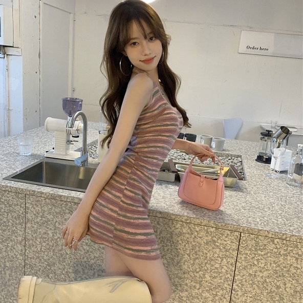 【ZHELIHANGFEI】Đầm Dệt Kim Cổ Yếm Xẻ Tà Kẻ Sọc Quyến Rũ Thời Trang Cho Nữ