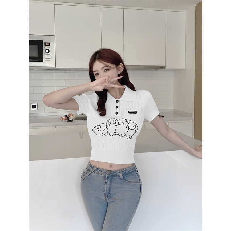 Porozi  Áo croptop  dệt kim tay ngắn cổ polo thêu họa tiết thời trang Hàn Quốc cho nữ