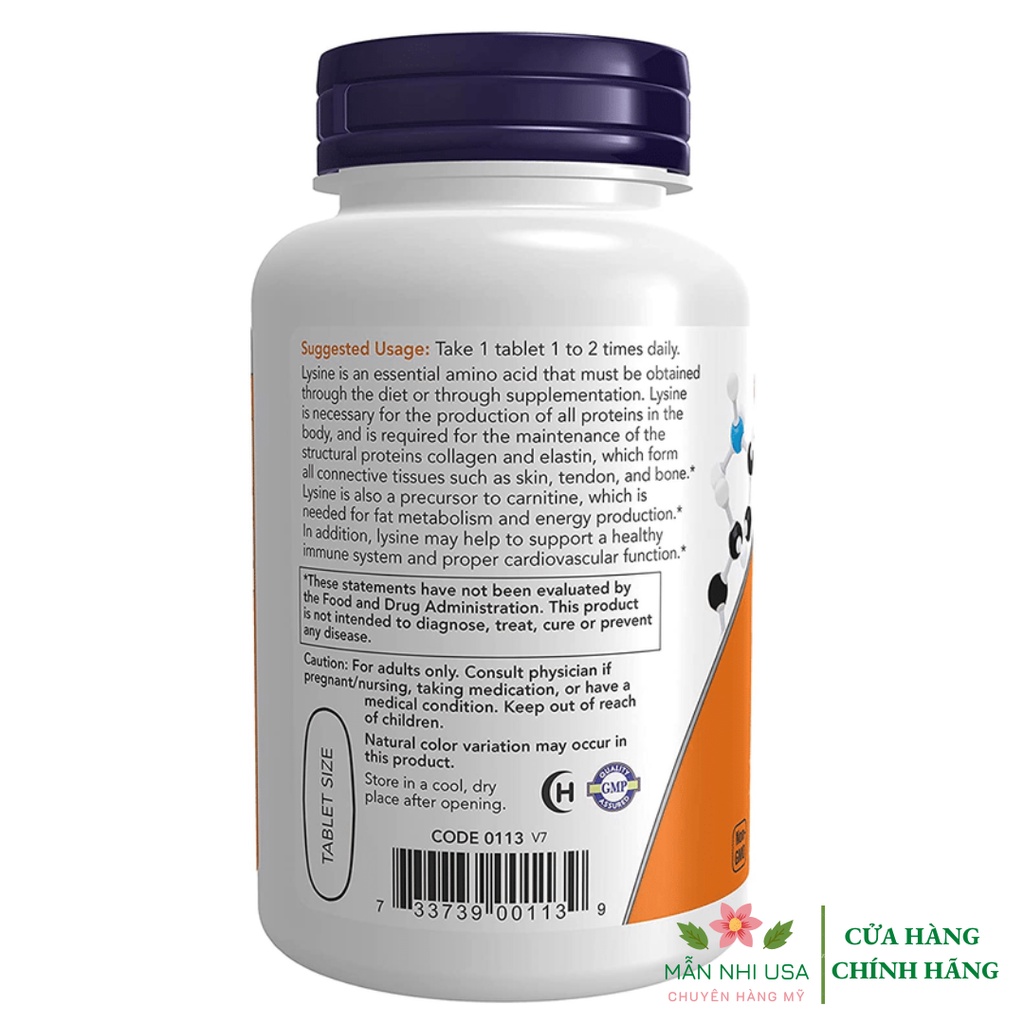 Viên uống L-Lysine Now 1000mg 100 viên giảm mụn nội tiết, hỗ trợ tổng hợp collagen.