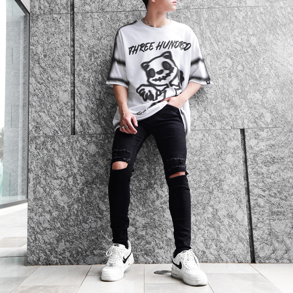 Quần Skinny Jeans Nam-Màu Đen-Rách Ngang Gối-Chất Liệu Cotton Co Giãn-Ống Đứng Dáng-Ống Ôm Chân Chuẩn Skinny