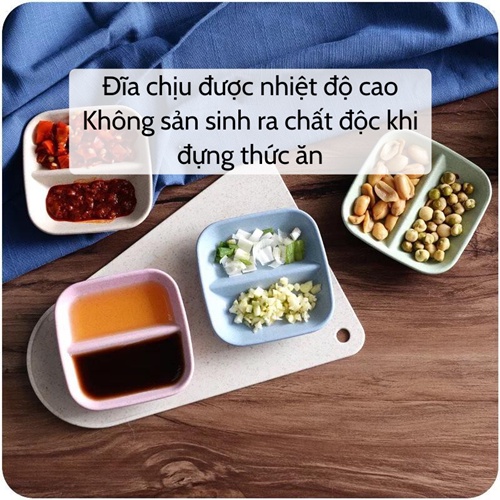 Đĩa gia vị  Đĩa chấm đựng gia vị nước chấm 2 ngăn giá rẻ lúa mạch an toàn cho sức khỏe (giao màu ngẫu nhiên)