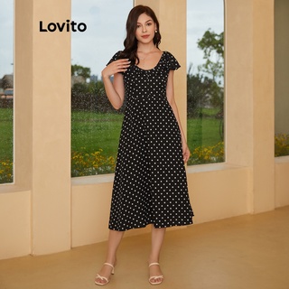 1221de-Lovito Đầm xòe cổ yếm chấm bi thanh lịch L24EE015 (Đen)