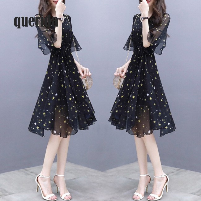 Đầm tay lửng in họa tiết ngôi sao kiểu dáng thanh lịch cho nữ
