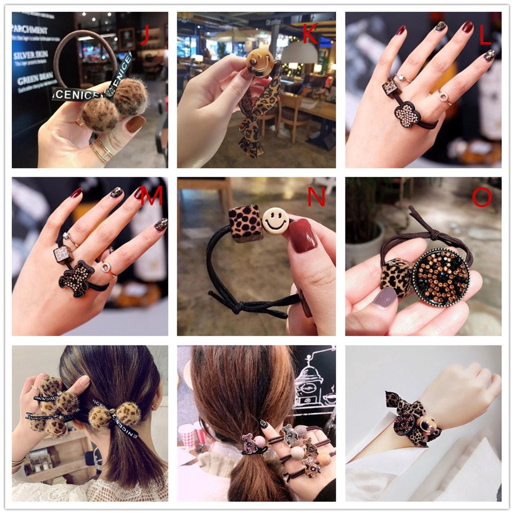 Dây cột tóc gắn quả lông/hình họa tiết da báo phong cách Vintage cho nữ