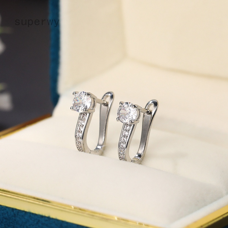 Khuyên Tai Tròn Mạ Bạc Đính Đá Zircon Phong Cách Đơn Giản