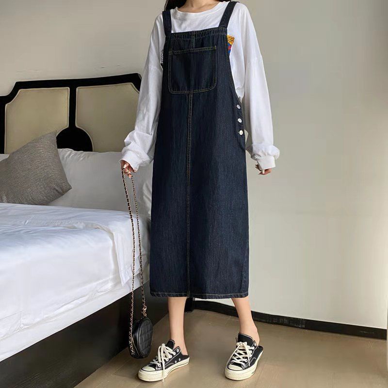 Đầm yếm denim SUXI dáng rộng phong cách Hàn Quốc thời trang mùa thu xinh xắn cho nữ