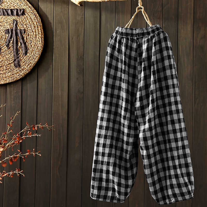 # ZANZEA Women Casual Plaid Cotton Linen With Pocket Long Pants # | BigBuy360 - bigbuy360.vn