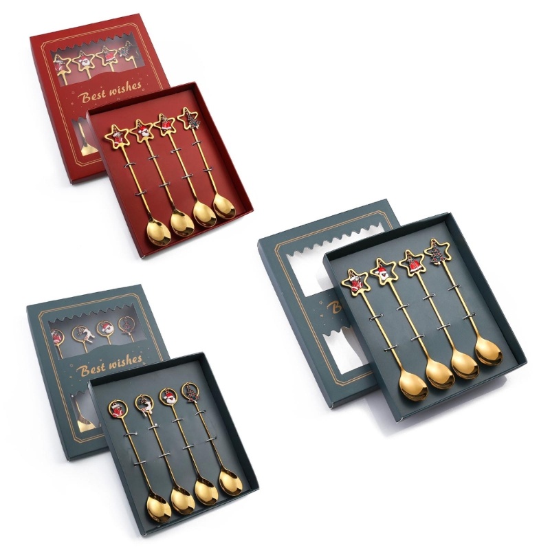 Set 4 Muỗng Cà Phê Bằng Thép Không Gỉ Kèm Hộp Đựng Họa Tiết Giáng Sinh