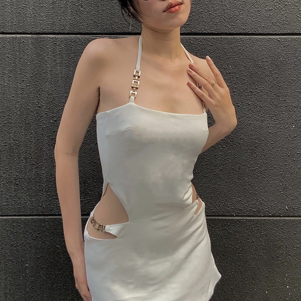 Hot!Đầm Dây Hở Lưng Khoét Sâu Phối Dây Xích Kim Loại Phong Cách Quyến Rũ Dành Cho Nữ