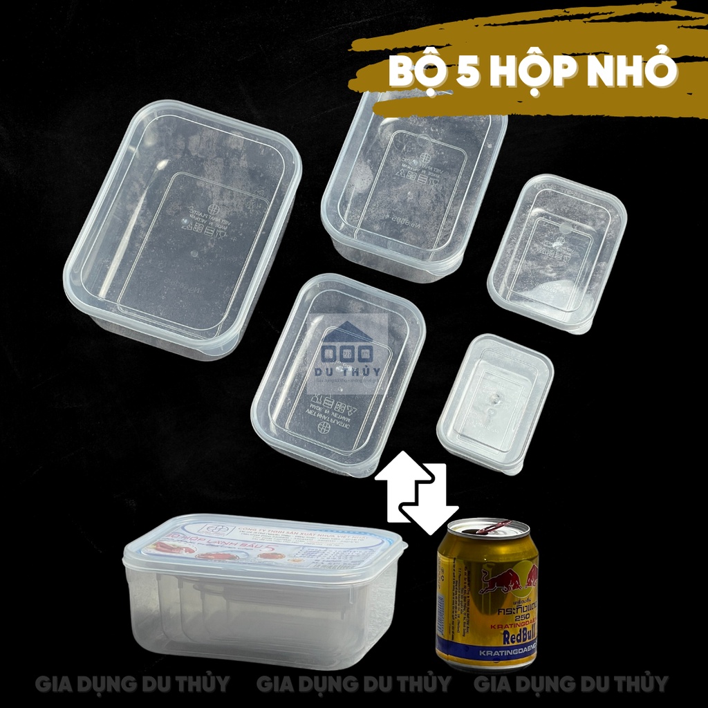 Bộ 5 hộp nhựa đựng thực phẩm Việt Nhật màu trắng trong 100% nhựa nguyên sinh đủ kích thước, thiết kế gọn cất giữ dễ dàng