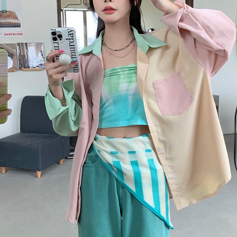 SUXI Áo Sơ Mi Tay Dài Chống Nắng Màu Sắc Tương Phản Thời Trang Mùa Hè Cho Nữ