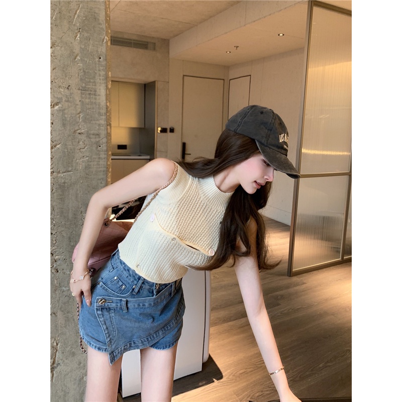 Set Áo Len Không Tay + Chân Váy Jeans Lưng Cao Phong Cách Hàn Quốc Mới Cho Nữ