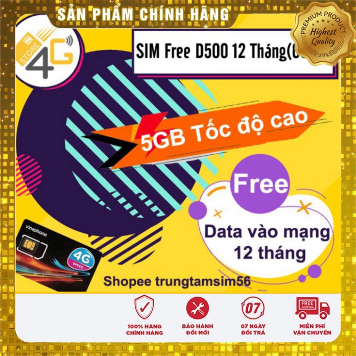 BIG SALE Sim Vina D500 ( Miễn phí vào mạng 12 tháng , Tốc độ 4G ) , Sim bảo hành 12 tháng , chính hãng  vinaphone . BIG 