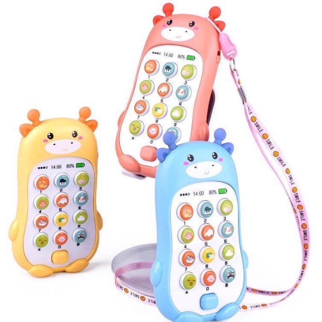 [Tặng kèm 2 pin] Điện thoại đồ chơi có đèn chiếu hình thông minh hình bò phát nhạc kèm pin cho bé