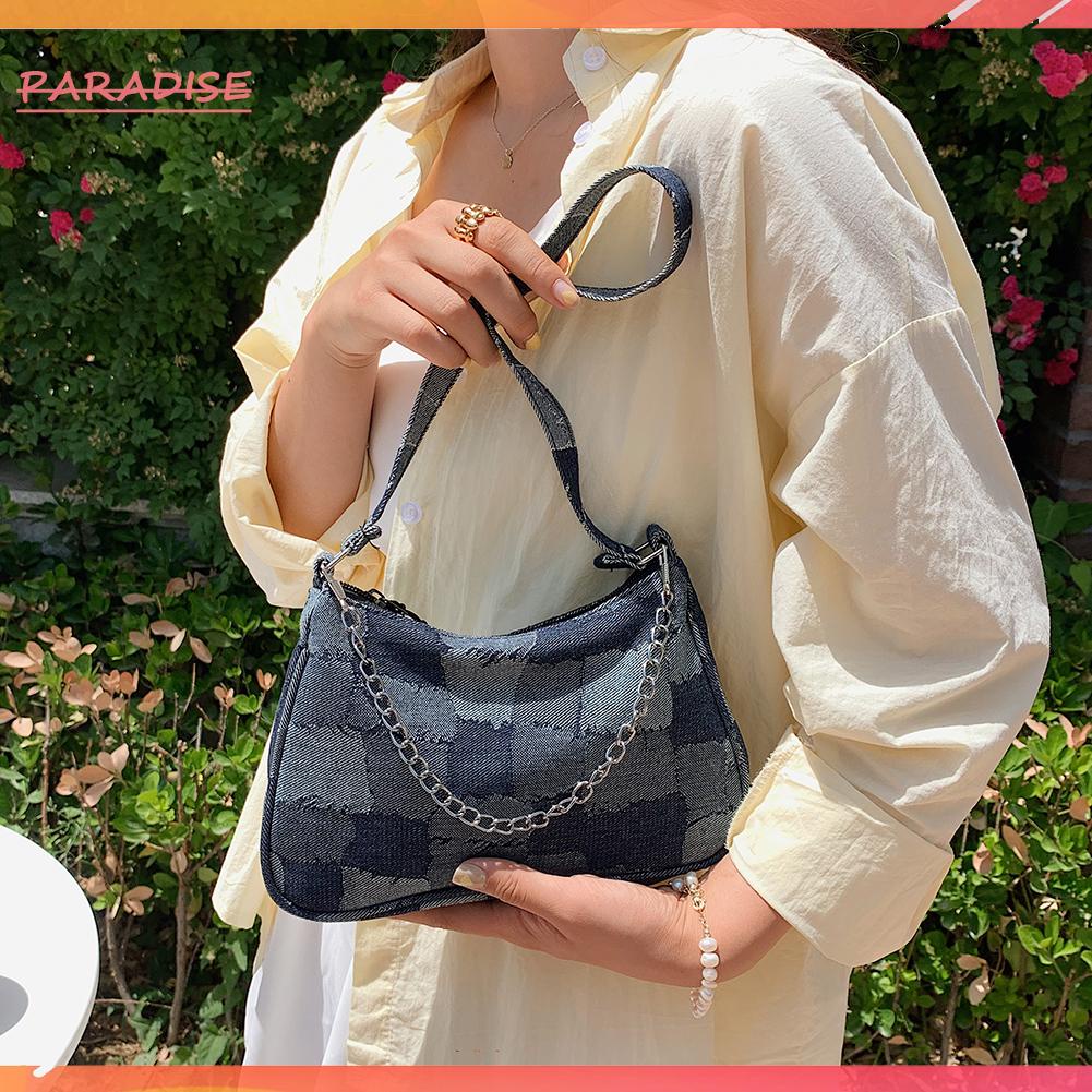 Túi xách denim phối màu tương phản dây quai xích thời trang cho nữ