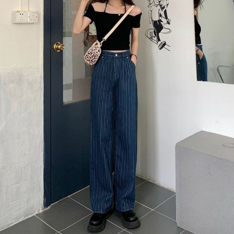 Quần jeans nữ - Quần jeans ống rộng, lưng cao, vải dày đẹp, không giãn, dáng suông rộng