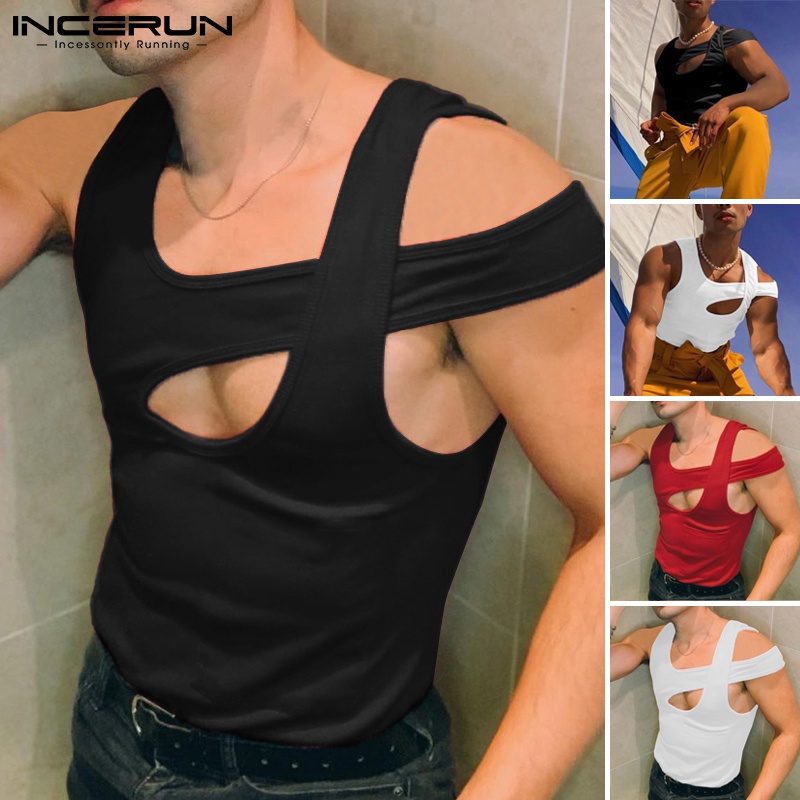 Áo thun INCERUN không tay dáng ôm vừa vặn màu trơn khoét lỗ rỗng gợi cảm thời trang mùa hè cho nam