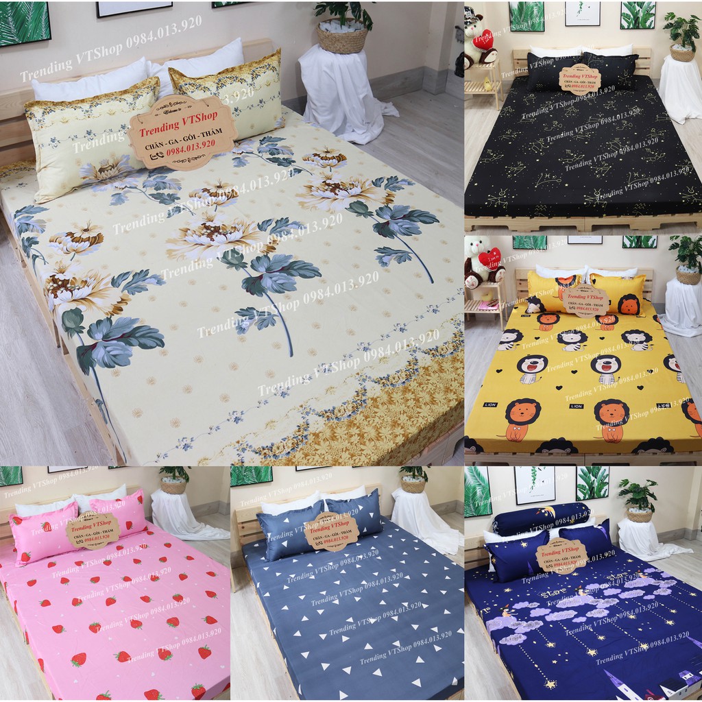 [Giá hủy diệt] Bộ 3 món ga gối chất liệu Poly Cotton  không bai xù, họa tiết đẹp mắt