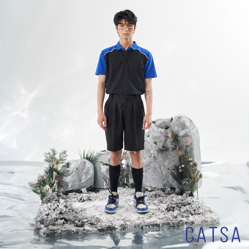 Áo thun nam POLO đen trơn phối xanh dương vải cotton cao cấp ngắn tay cực sang trọng CATSA ATP294