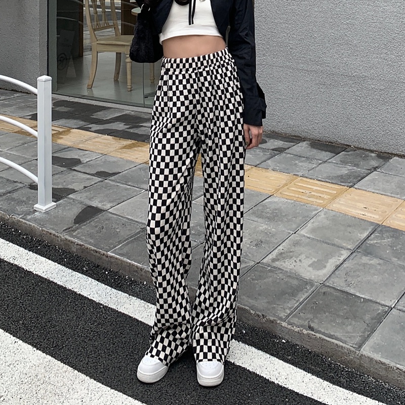 SUXI Quần ống rộng Họa Tiết Sọc Caro Phong Cách Retro Hàn Quốc Thời Trang Cho Nữ