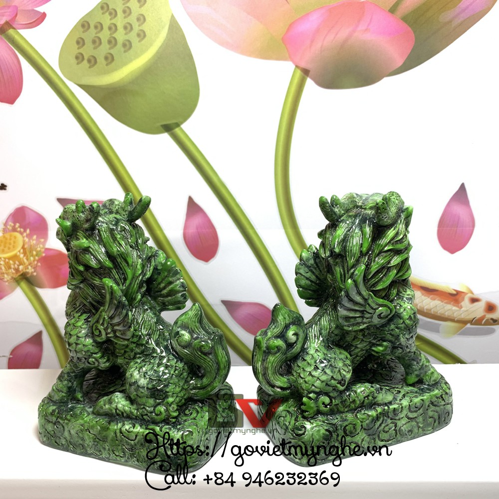 [Thiên Lộc Tỳ Hưu] Tượng đá tỳ hưu phong thủy loại 2 sừng - Chiều cao luôn đế 14cm - Màu xanh lục bích