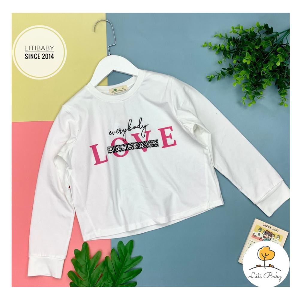 Áo cotton dài tay dáng crop top rộng ngang bé gái hình chữ Love, size 9-14T ( cho bạn 25 - 40kg)