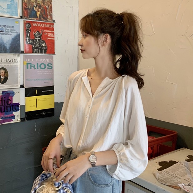 Áo sơ mi nữ tay dài màu trơn phong cách retro | BigBuy360 - bigbuy360.vn