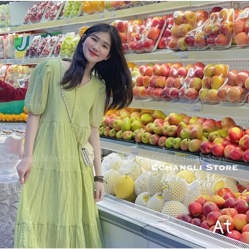 VÁY SUÔNG XỐP CỔ TIM DÁNG DÀI 3 màu xanh, vàng, hồng