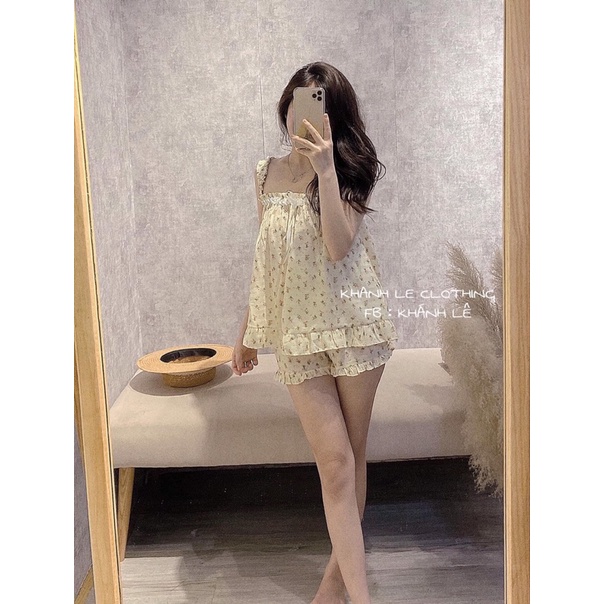 bộ đũi hoa nhí dây bèo phối ren ngực bộ nữ mặc ở nhà | BigBuy360 - bigbuy360.vn