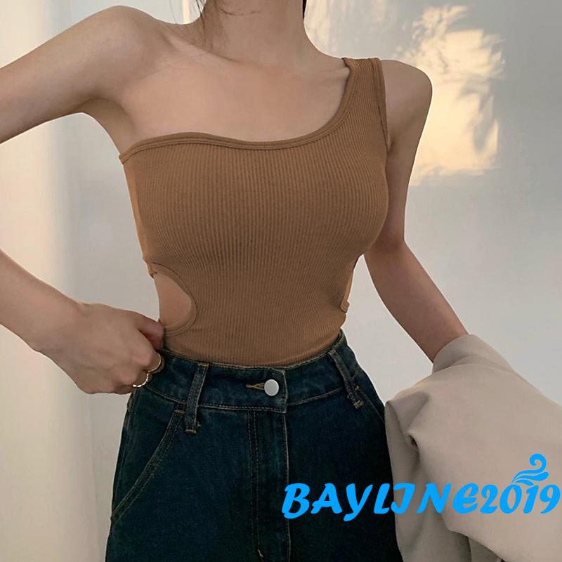 BAY-Women One Shoulder Crop Tops, Ribbed Solid Color Cutout Waist Slim Fit Sleeveless Vest Camisole