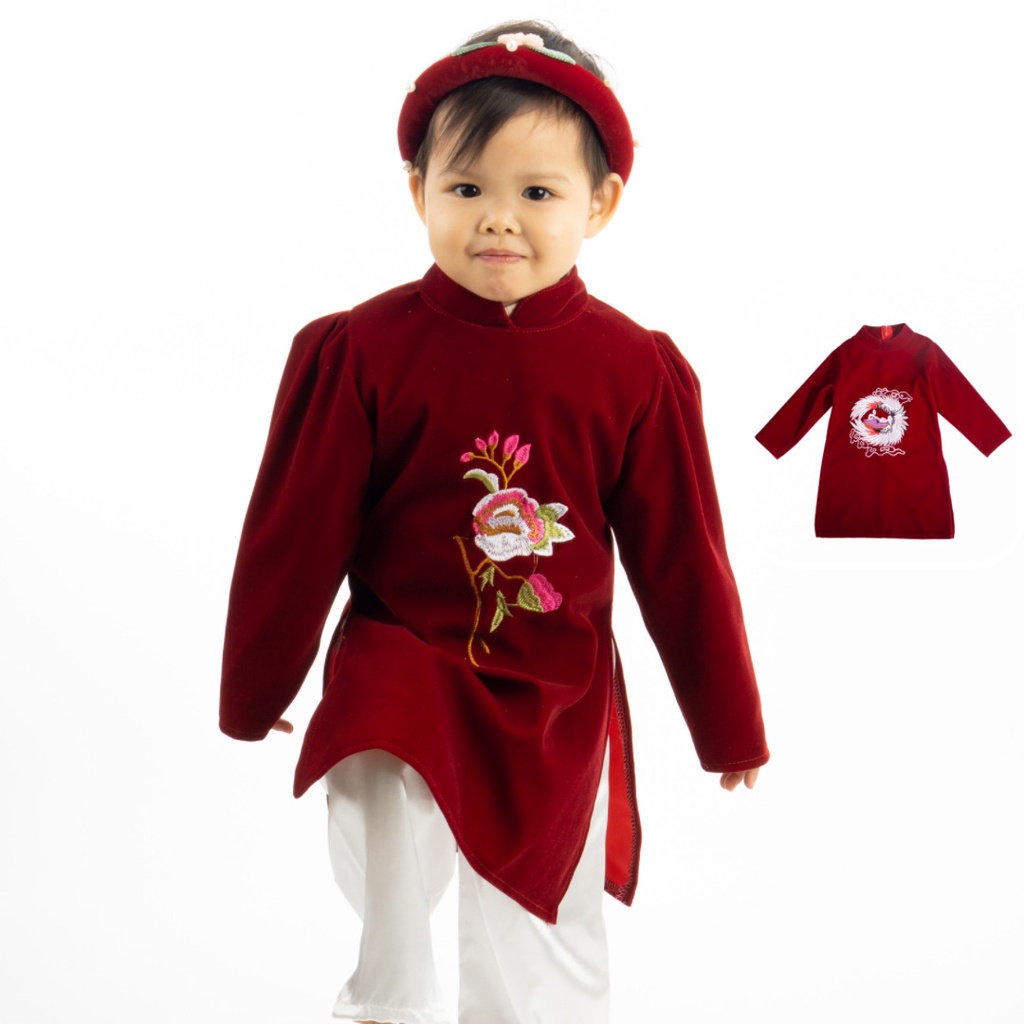 [Tặng Kèm Mấn Đính Ngọc] Áo Dài Tết Bé Trai, Bé Gái Vải Nhung Thêu Ngực Cực Đẹp, Áo Dài Cách Tân 2021 ADT21