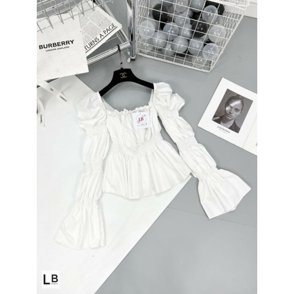 Set áo cổ vuông chun tay mix chân váy xếp ly