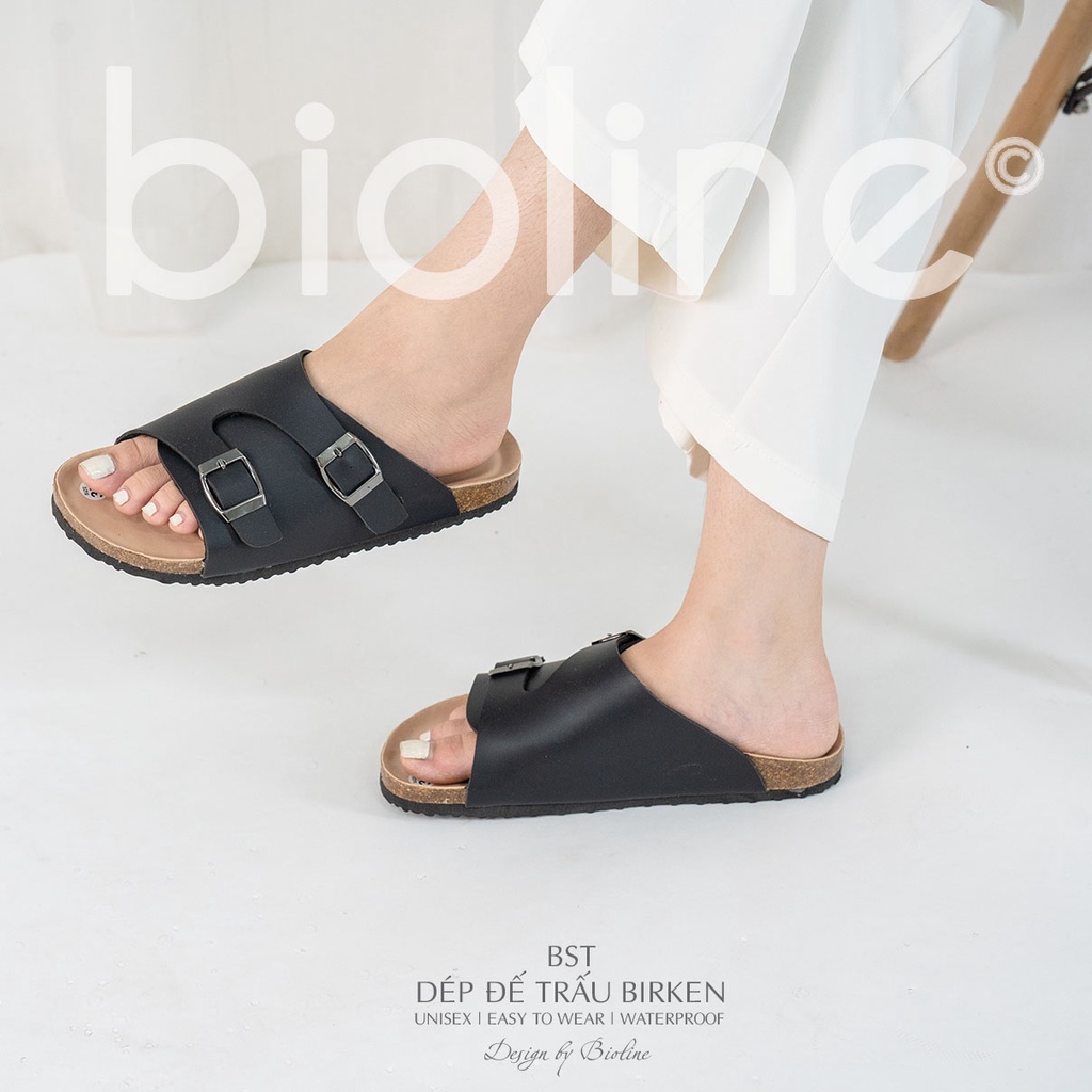 DK19-LÓT CHỐNG NƯỚC- Dép đế trấu Birken da bò thật nam nữ unisex quai ngang Bioline D19