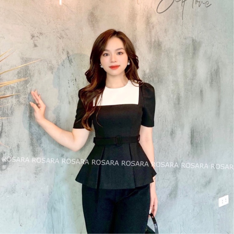 Áo Sơ Mi Peplum Thiết Kế Đen Cổ Phối Trắng Ngắn Tay Công Sở Thanh Lịch G112