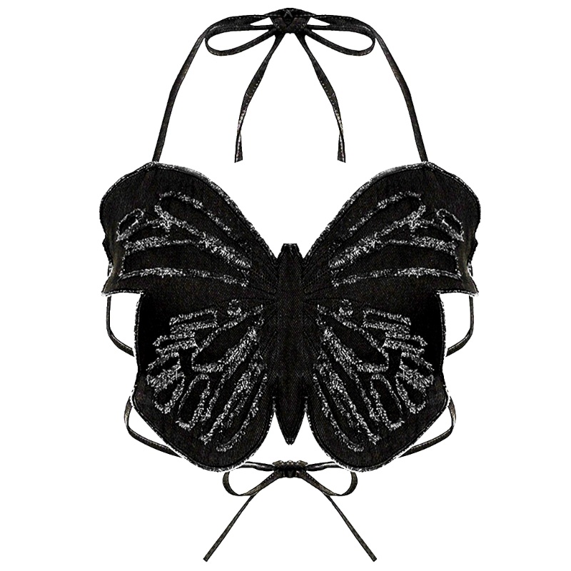 Áo Croptop Denim Không Tay Cổ Chữ V Hở Lưng Họa Tiết Bướm Gợi Cảm Cho Nữ