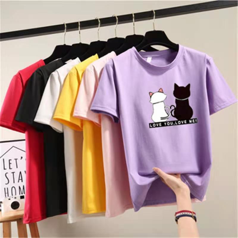 [Ảnh thật] Áo thun tay ngắn Hàn Quốc cao cấp hình mèo đôi. Áo thun unisex chất liệu vải dày mịn