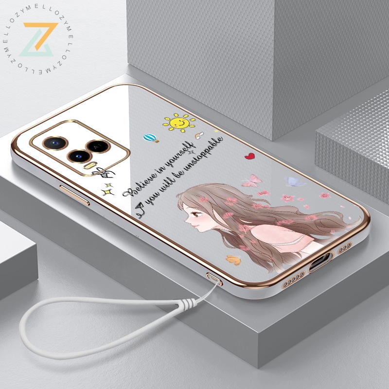 Ốp Điện Thoại Silicon Viền Thẳng Mạ Điện 6D Kèm Dây Đeo Cho Vivo Y22 Y22S Y35 Y02S V25E Y16 4G V25 5G Y21 V23 Y33S Y21S