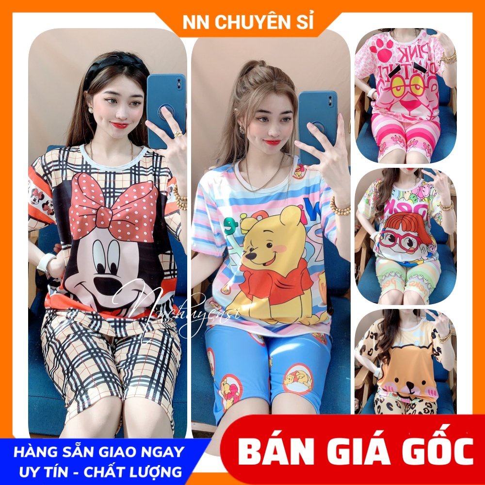 Đồ bộ thun QUẦN LỬNG cho nữ mặc nhà size dưới 60kg chất thun mềm mát in hình chibi kitty gấu heo hoạt hình DBRBL SIZE L