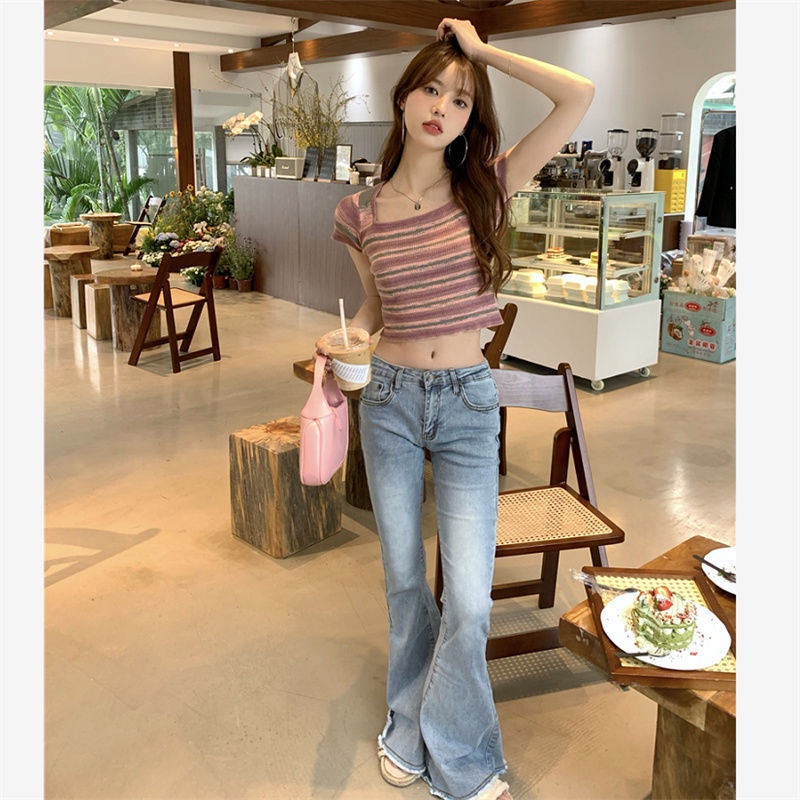 COZOK Áo Thun Tay Ngắn Dáng Ôm Họa Tiết Sọc Thời Trang Cho Nữ