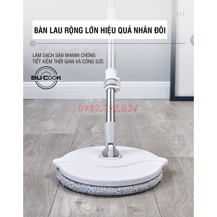 Bộ lau nhà thông minh BUCOOK-K8 thùng vắt xoay tròn nhựa PP, Cán inox dài 134cm, miếng lau 25cm Microfiber