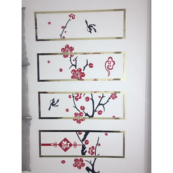 Tranh trang trí tết 2023 - Tranh dán tường mica 3d decor khổ lớn khung hoa đào chúc mừng năm mới Nhiều Size - EPeBen