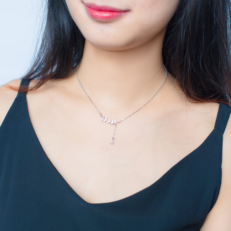 Dây chuyền bạc Evasilver mặt hình lá đính đá thời trang, Vòng cổ chất liệu bạc ta cực đẹp và nữ tính