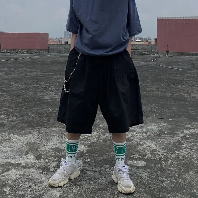 Quần Short Ống Rộng Phối Dây Xích Phong Cách Nhật Bản Thời Trang Mùa Hè Dành Cho Nam Và Nữ